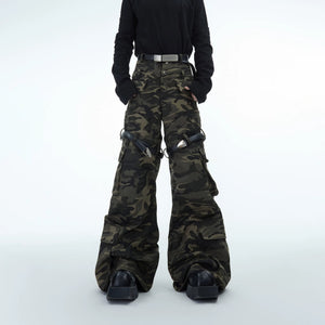 Front view of vintage camo cargo pants with detachable belt detail