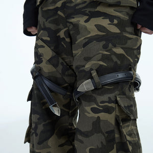 Back view of relaxed fit camouflage cargo pants for men