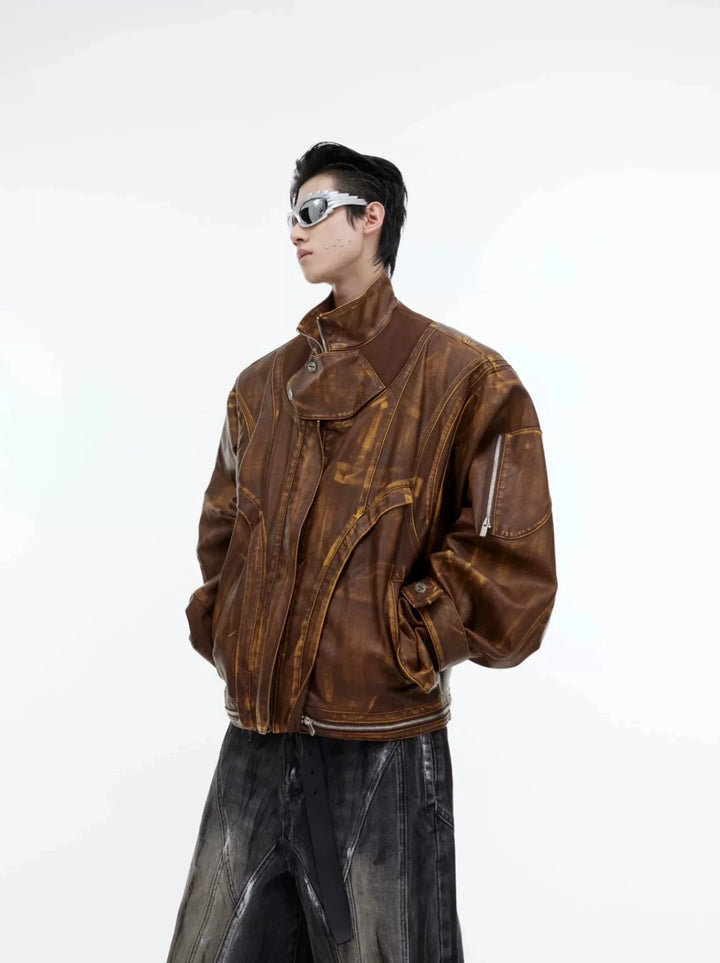 Vintage Distressed Faux Leather Jacket | Deconstructed Brown Biker Coat - ArguE CulturE