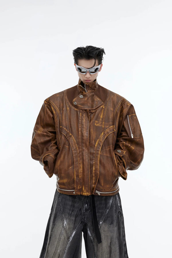 Vintage Distressed Faux Leather Jacket | Deconstructed Brown Biker Coat - ArguE CulturE