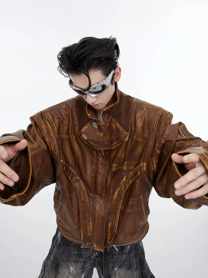 Vintage Distressed Faux Leather Jacket | Deconstructed Brown Biker Coat - ArguE CulturE