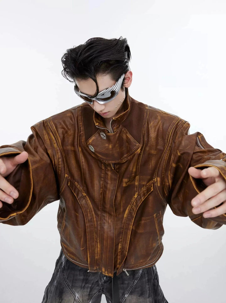 Vintage Distressed Faux Leather Jacket | Deconstructed Brown Biker Coat - ArguE CulturE