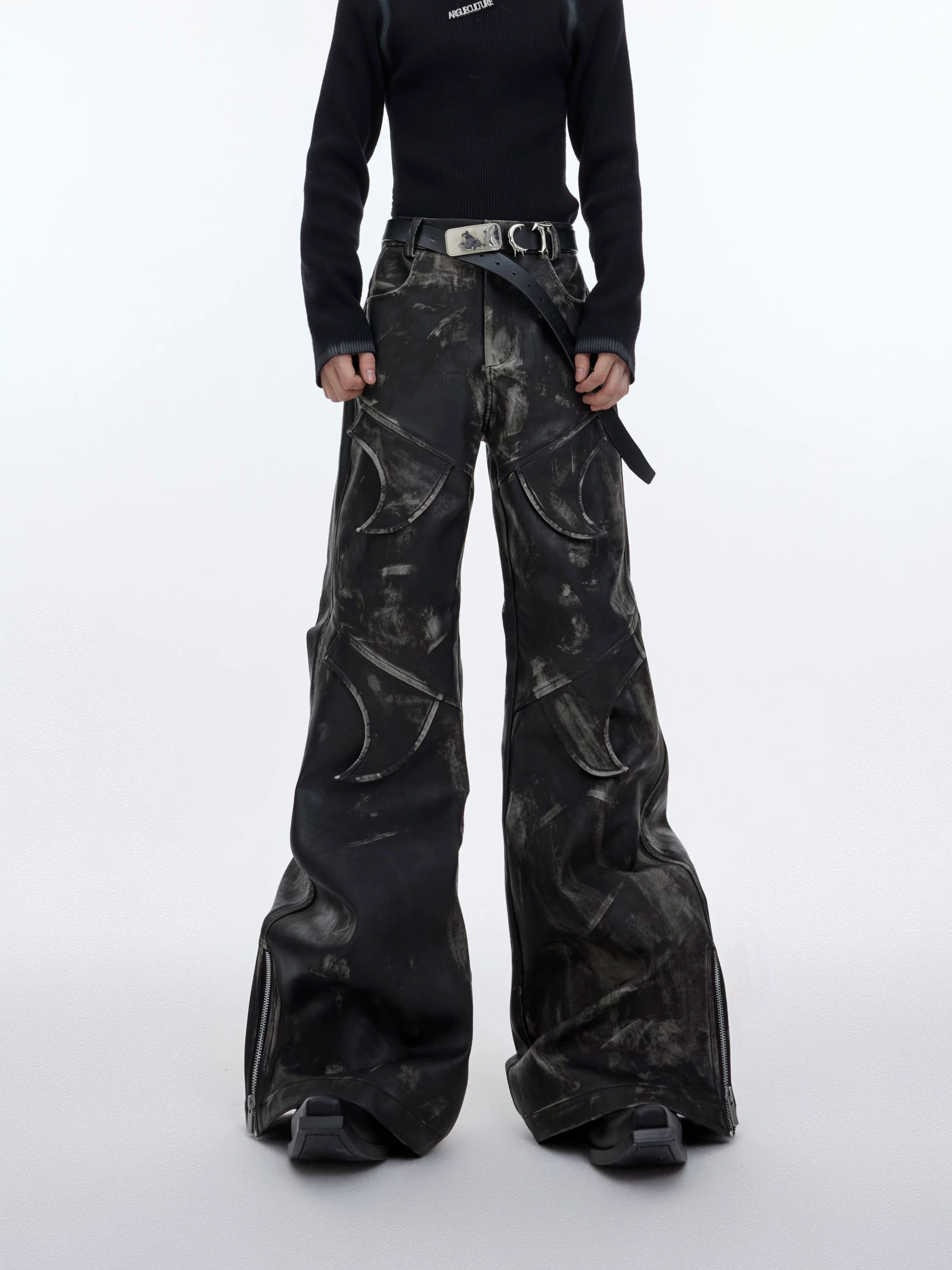 vintage-distressed-flared-leather-pants-for-men-black