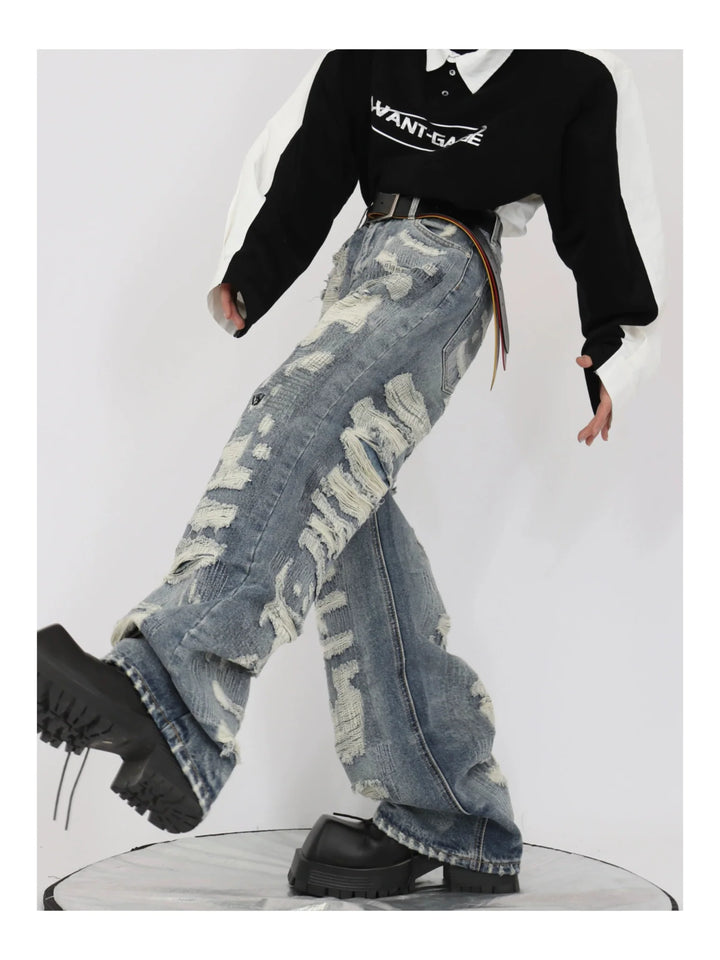 Vintage Distressed Heavy Duty Denim Jeans Wide - Leg Trousers - ArguE CulturE