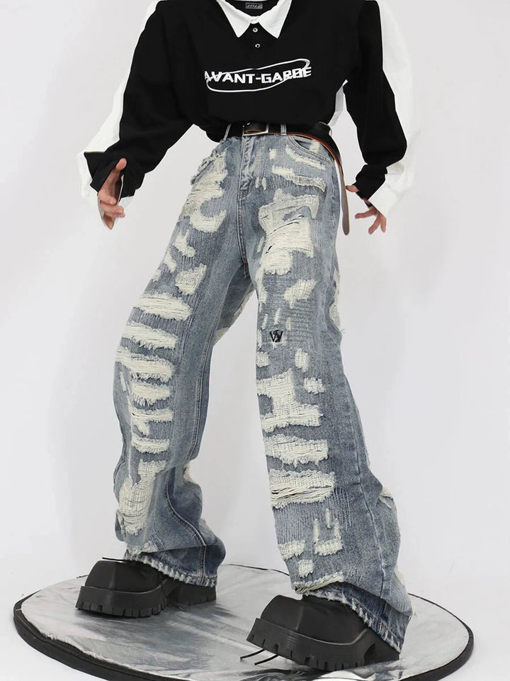 Vintage Distressed Heavy Duty Denim Jeans Wide - Leg Trousers - ArguE CulturE