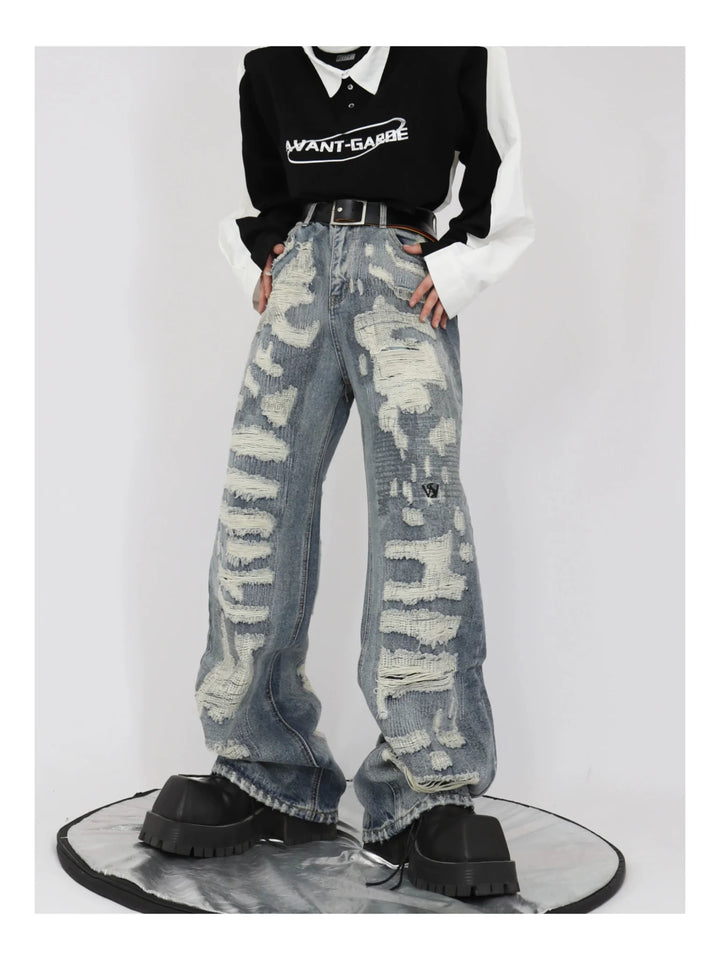 Vintage Distressed Heavy Duty Denim Jeans Wide - Leg Trousers - ArguE CulturE