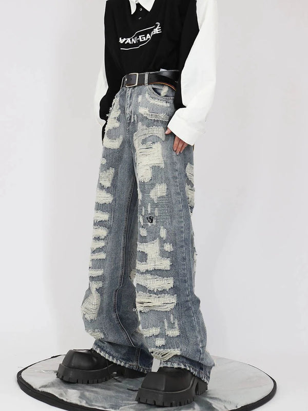 Vintage Distressed Heavy Duty Denim Jeans Wide - Leg Trousers - ArguE CulturE