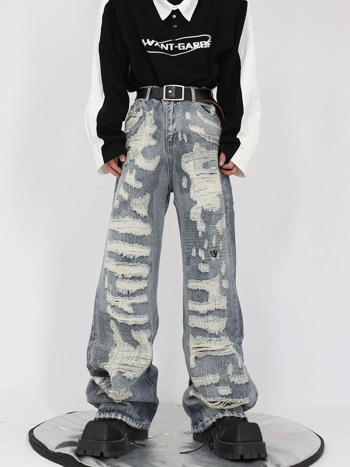 Vintage Distressed Heavy Duty Denim Jeans Wide - Leg Trousers - ArguE CulturE