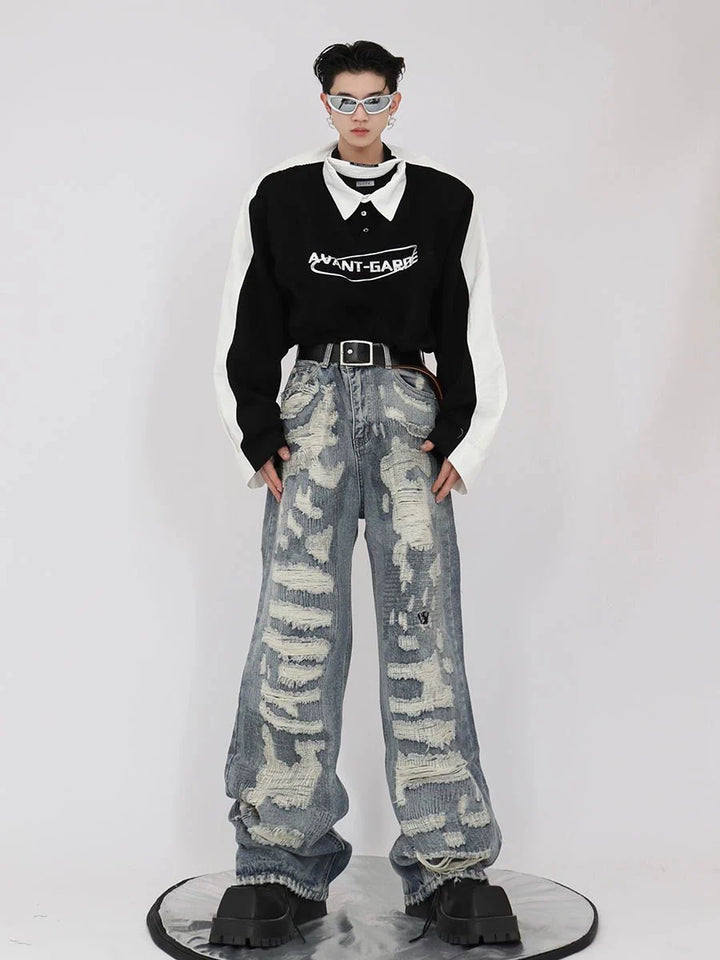 Vintage Distressed Heavy Duty Denim Jeans Wide - Leg Trousers - ArguE CulturE