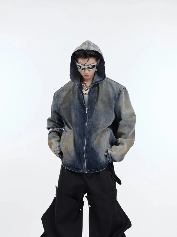 Vintage Distressed Hooded Denim Jacket | Structured Shoulder Destroyed Coat - ArguE CulturE