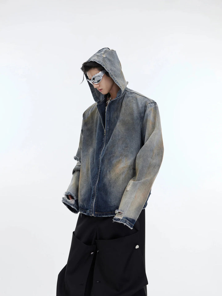 Vintage Distressed Hooded Denim Jacket | Structured Shoulder Destroyed Coat - ArguE CulturE