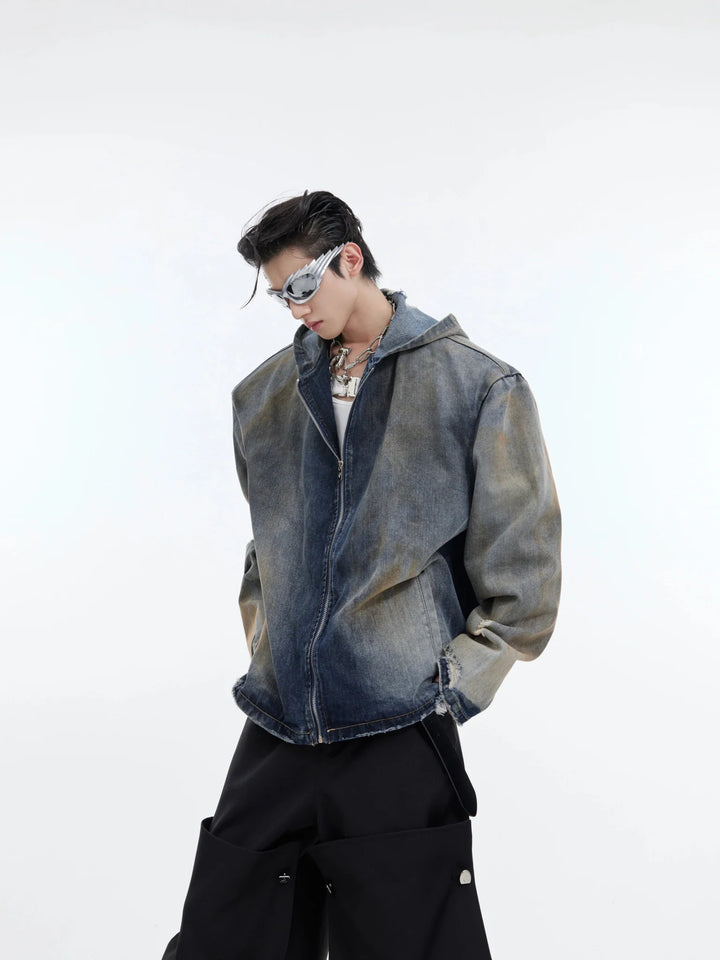 Vintage Distressed Hooded Denim Jacket | Structured Shoulder Destroyed Coat - ArguE CulturE