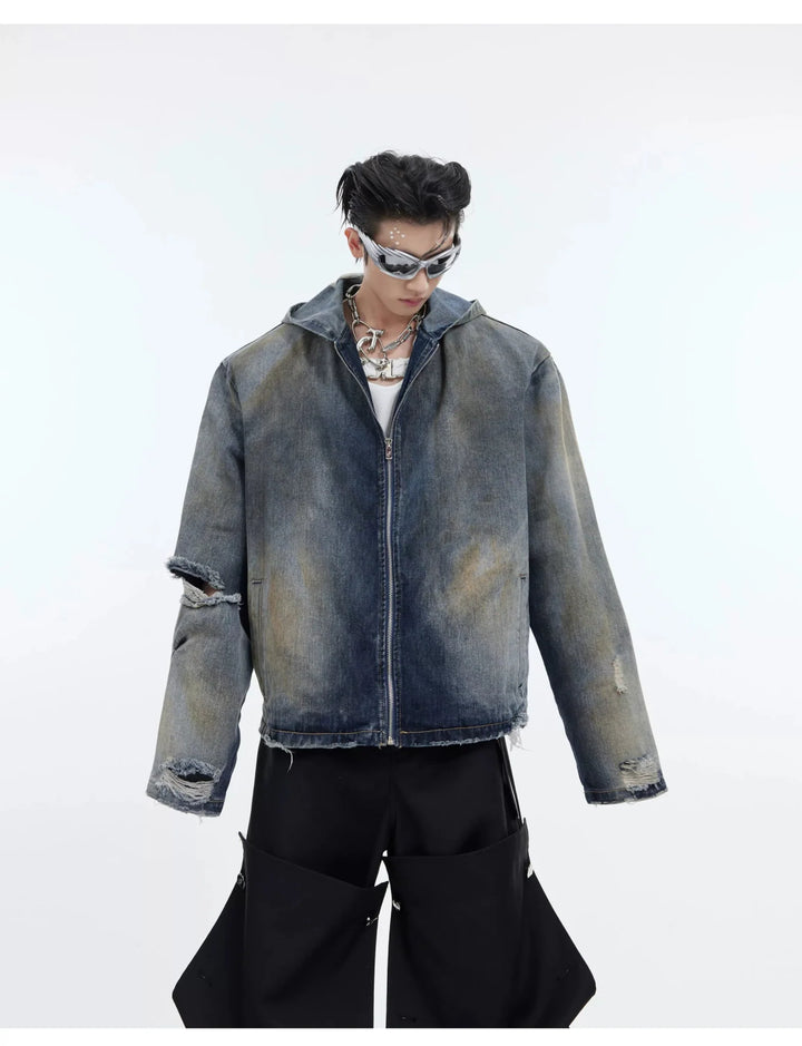 Vintage Distressed Hooded Denim Jacket | Structured Shoulder Destroyed Coat - ArguE CulturE