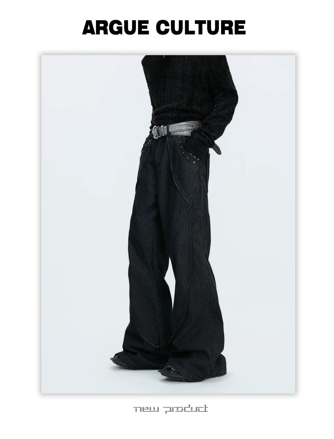 desc::vintage-distressed-washed-flare-denim-with-red-rhinestones-detail-img-11