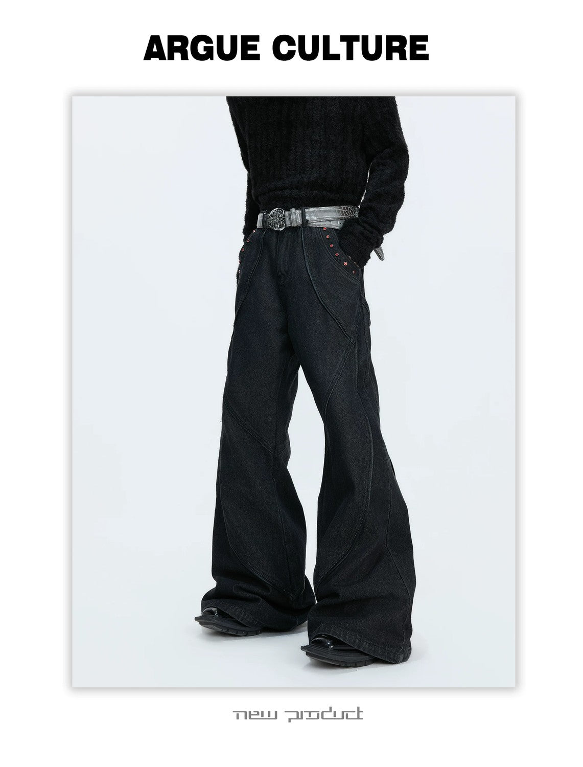 desc::vintage-distressed-washed-flare-denim-with-red-rhinestones-detail-img-12