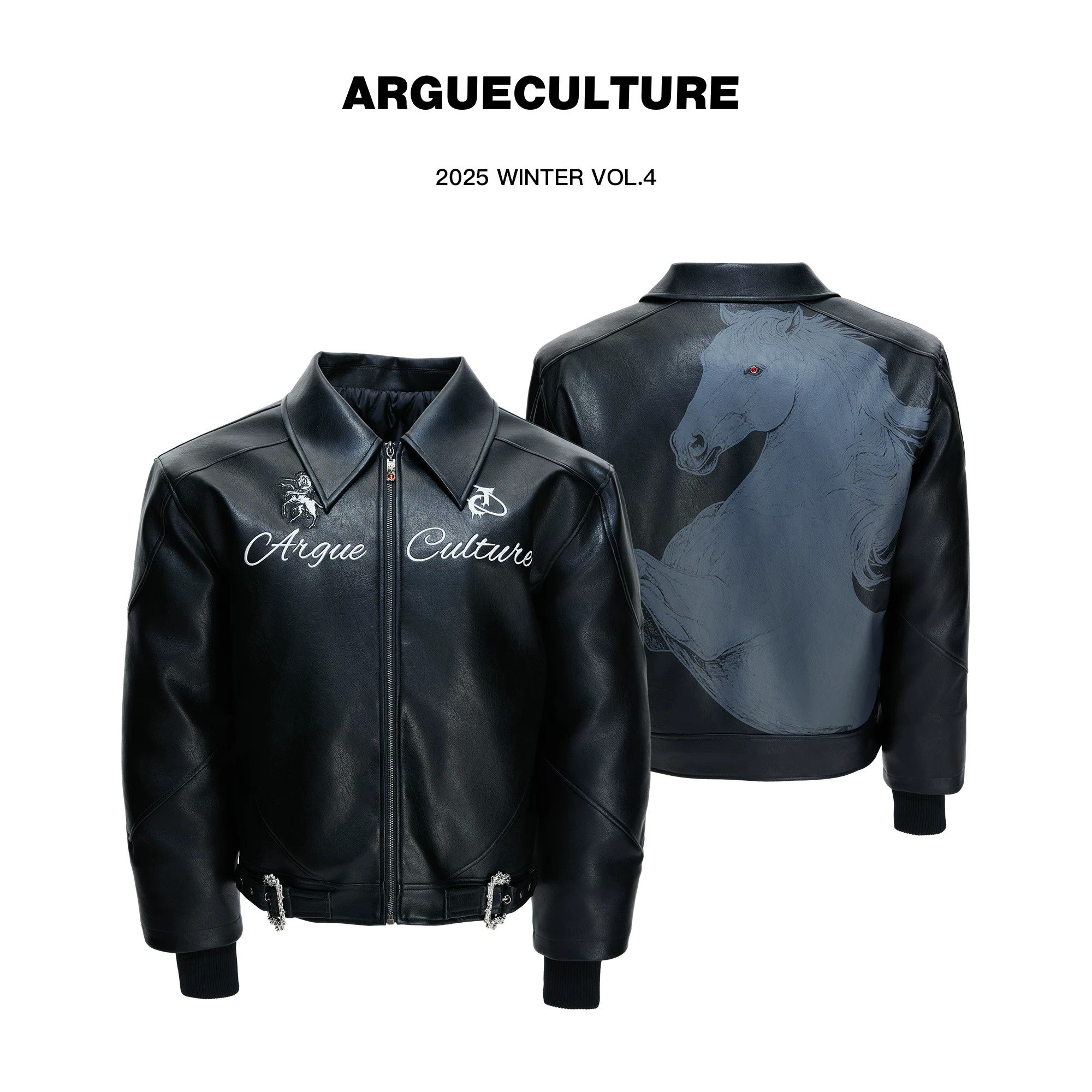 Front view of heavyweight embroidered biker leather jacket with badges