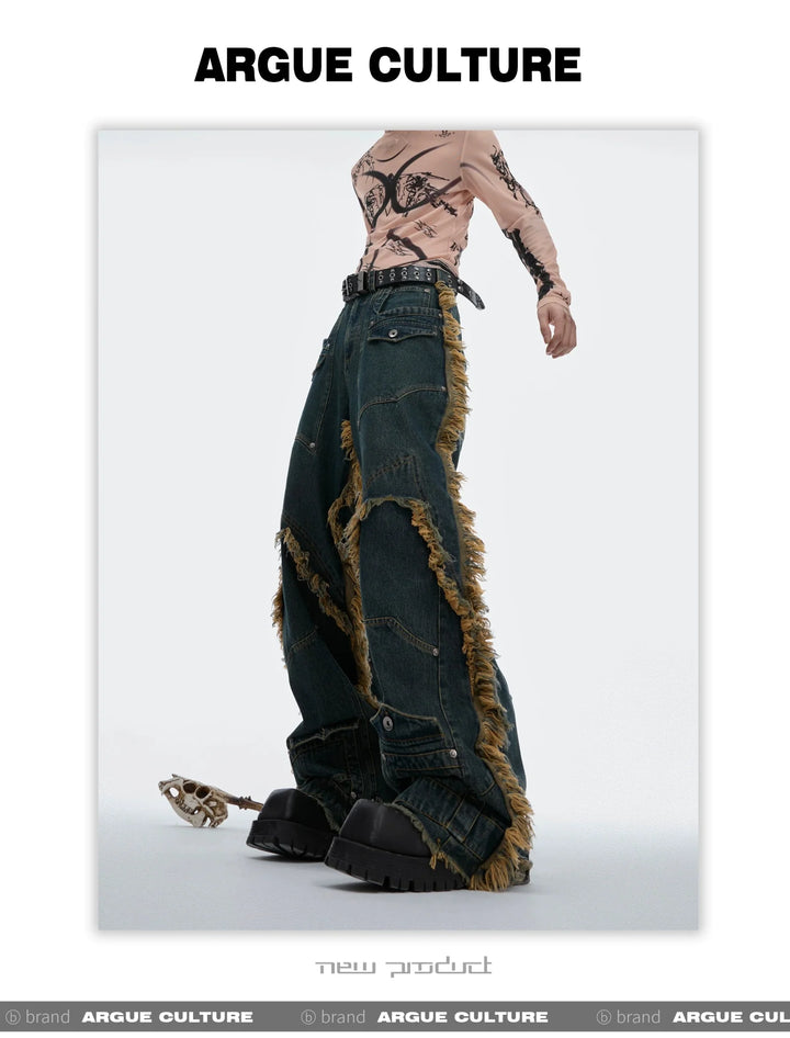 Vintage Fringe Studded Distressed Denim Pants with Deconstructed - ArguE CulturE