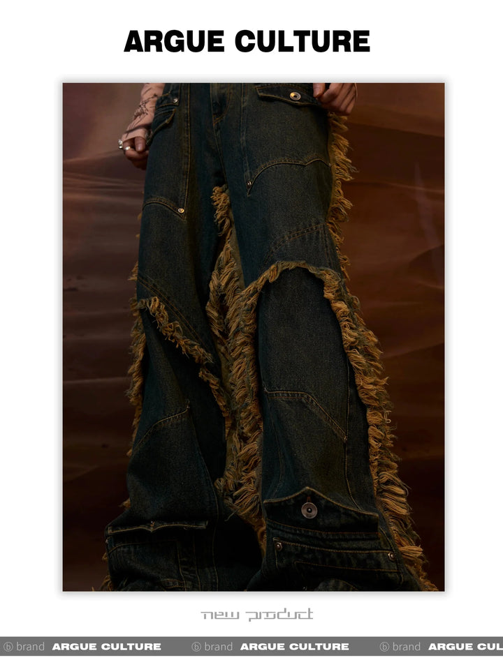 Vintage Fringe Studded Distressed Denim Pants with Deconstructed - ArguE CulturE