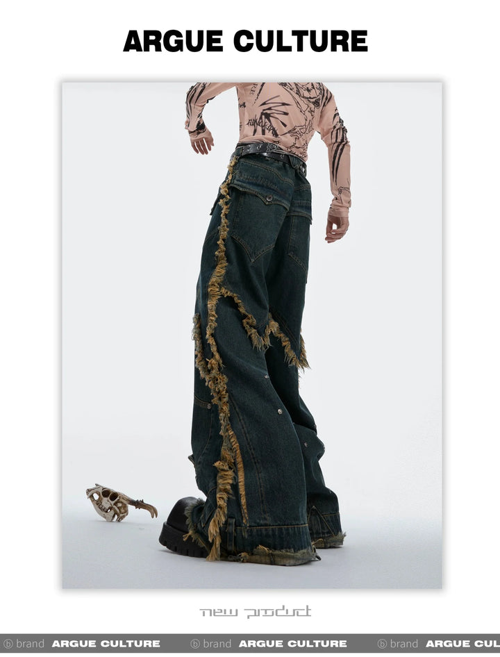 Vintage Fringe Studded Distressed Denim Pants with Deconstructed - ArguE CulturE