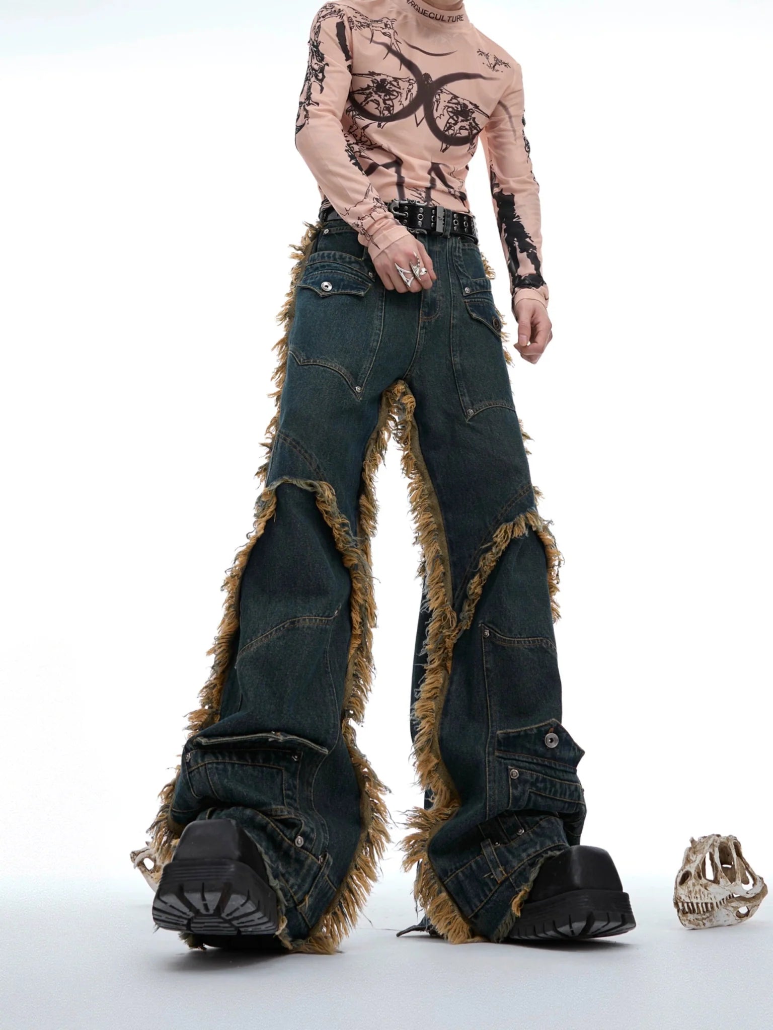 Vintage Fringe Studded Distressed Denim Pants with Deconstructed - ArguE CulturE