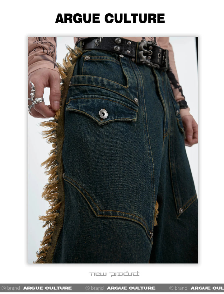 Vintage Fringe Studded Distressed Denim Pants with Deconstructed - ArguE CulturE