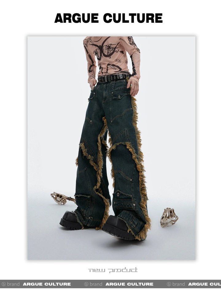 Vintage Fringe Studded Distressed Denim Pants with Deconstructed - ArguE CulturE