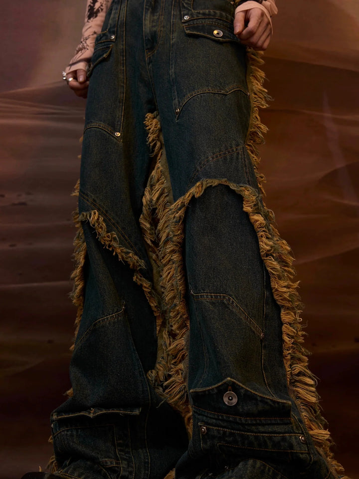 Vintage Fringe Studded Distressed Denim Pants with Deconstructed - ArguE CulturE