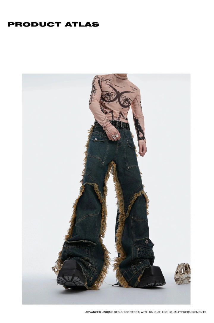 Vintage Fringe Studded Distressed Denim Pants with Deconstructed - ArguE CulturE