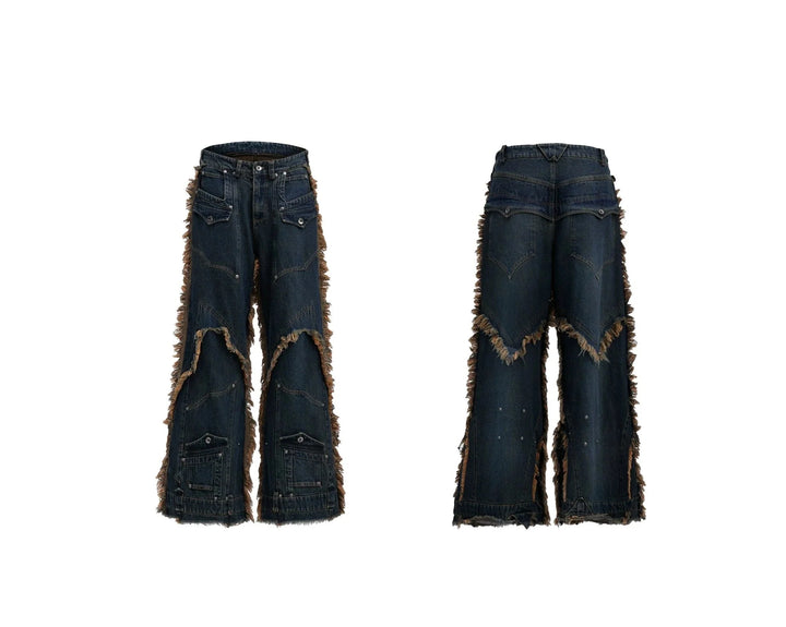 Vintage Fringe Studded Distressed Denim Pants with Deconstructed - ArguE CulturE