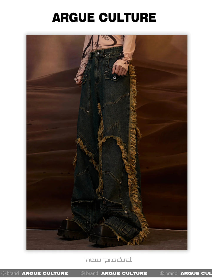 Vintage Fringe Studded Distressed Denim Pants with Deconstructed - ArguE CulturE