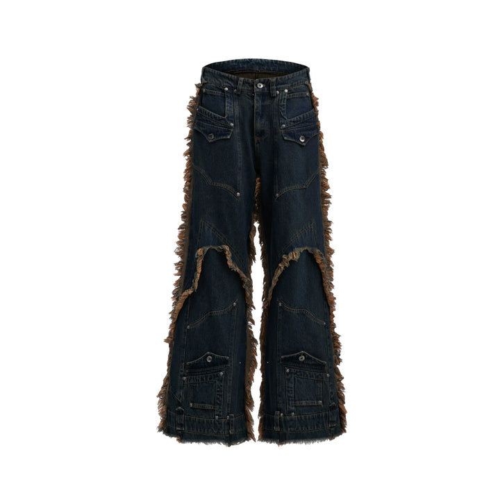 Vintage Fringe Studded Distressed Denim Pants with Deconstructed - ArguE CulturE