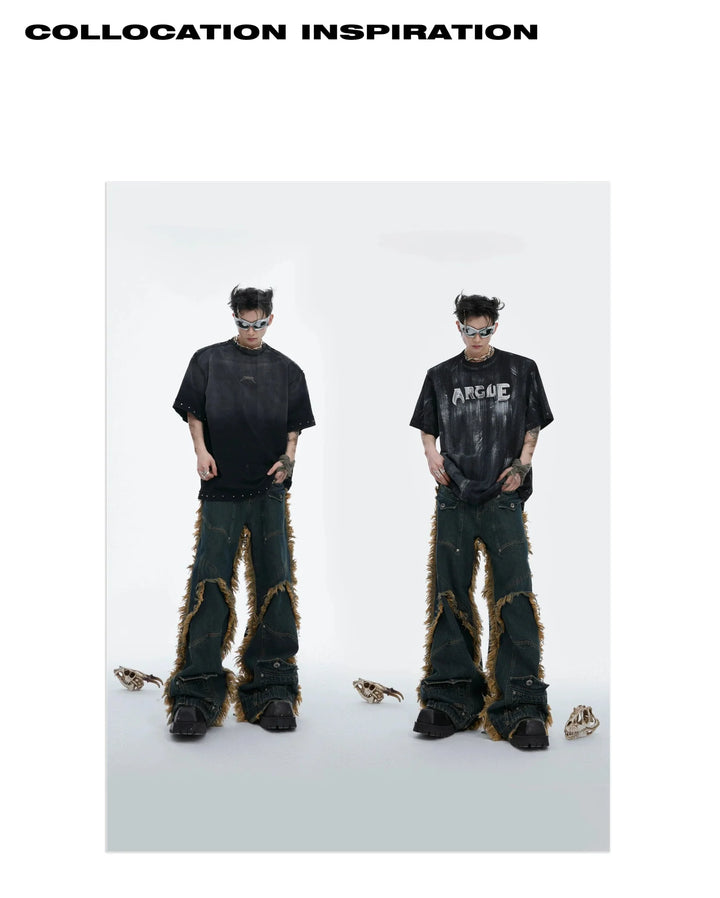 Vintage Fringe Studded Distressed Denim Pants with Deconstructed - ArguE CulturE