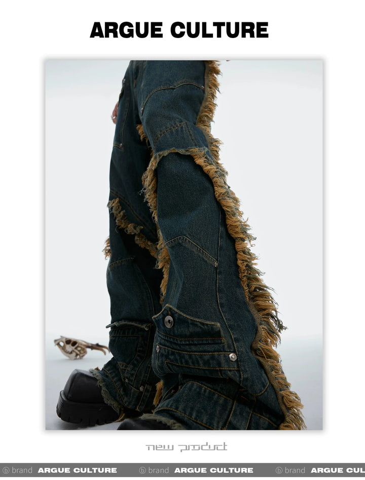 Vintage Fringe Studded Distressed Denim Pants with Deconstructed - ArguE CulturE