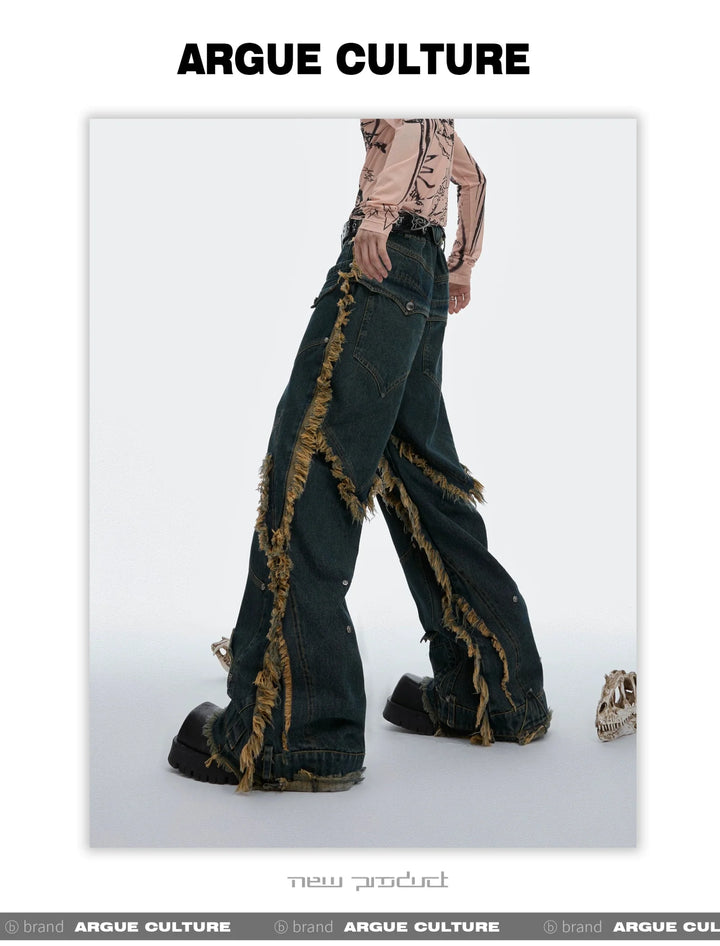 Vintage Fringe Studded Distressed Denim Pants with Deconstructed - ArguE CulturE