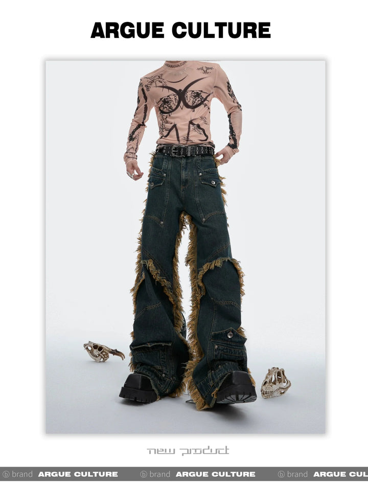 Vintage Fringe Studded Distressed Denim Pants with Deconstructed - ArguE CulturE