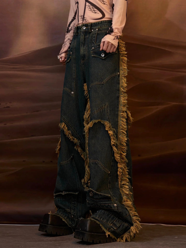 Vintage Fringe Studded Distressed Denim Pants with Deconstructed - ArguE CulturE