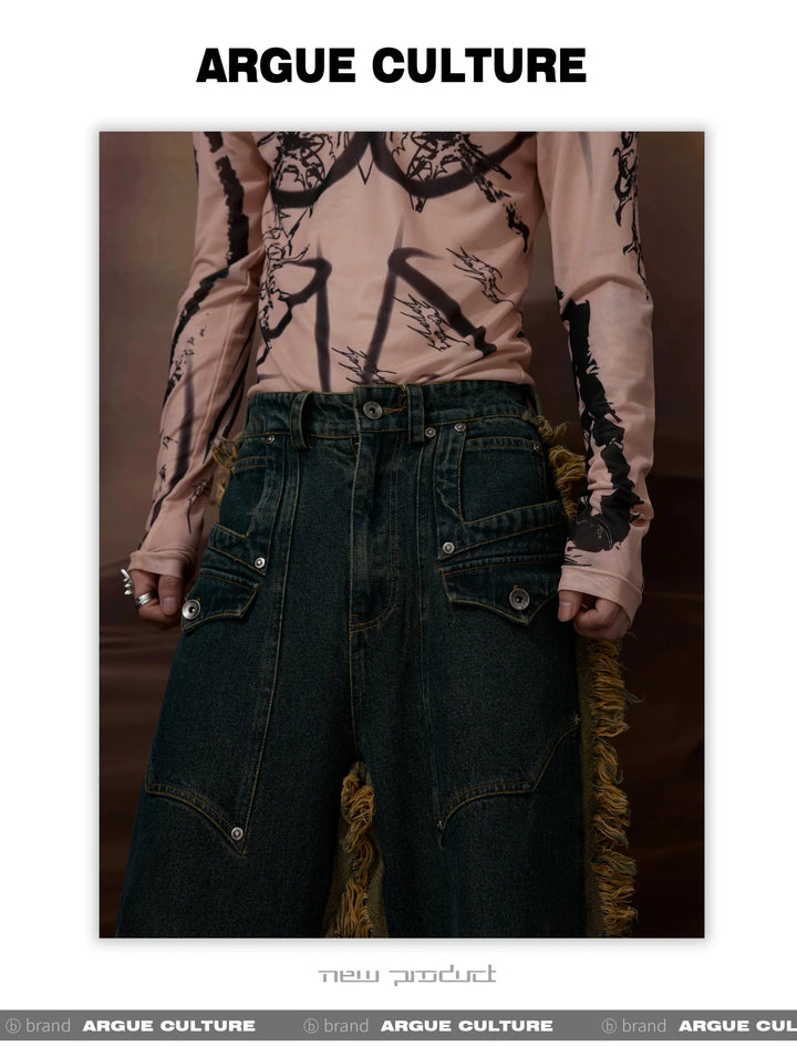 Vintage Fringe Studded Distressed Denim Pants with Deconstructed - ArguE CulturE