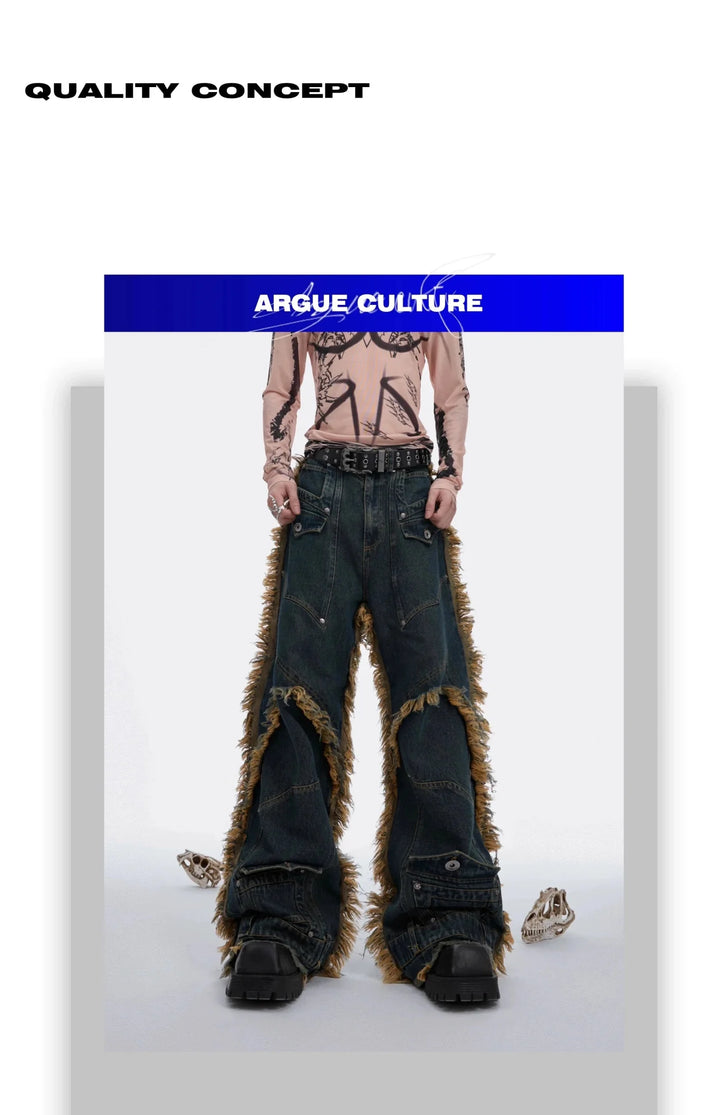 Vintage Fringe Studded Distressed Denim Pants with Deconstructed - ArguE CulturE