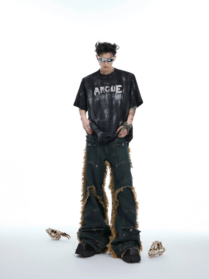 Vintage Fringe Studded Distressed Denim Pants with Deconstructed - ArguE CulturE