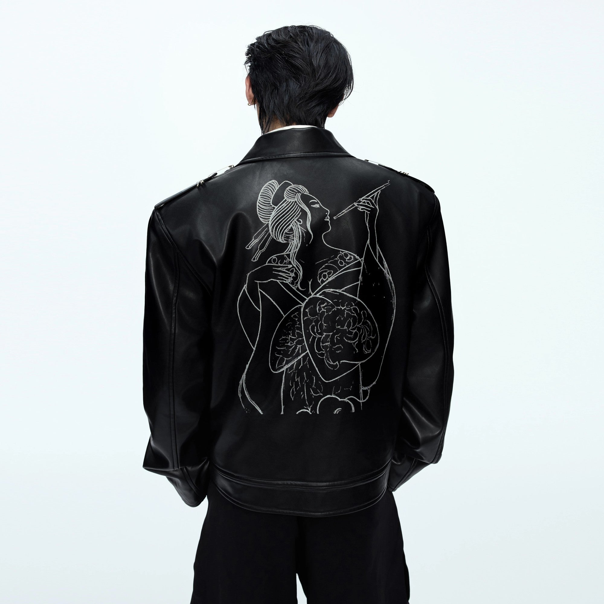 Front view of black geisha pin leather jacket with metal hardware