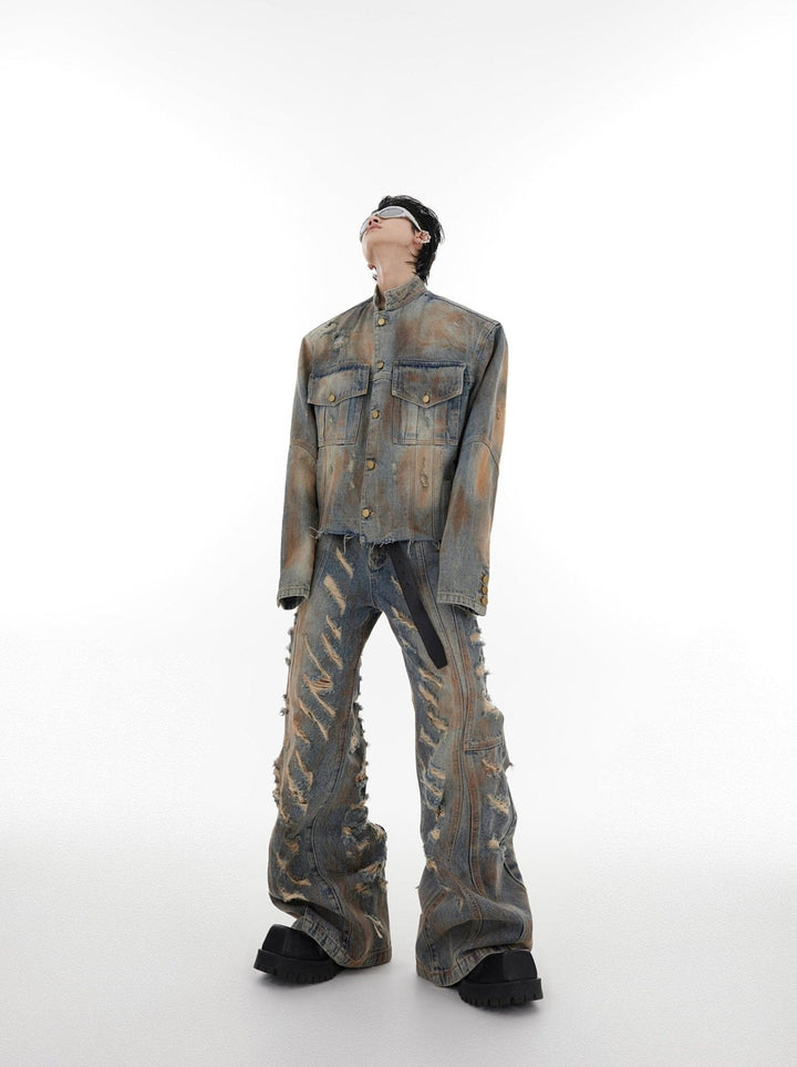 Vintage Post - Apocalyptic Distressed Denim Suit | Heavy - Duty Aged Jacket with Flared Jeans - ArguE CulturE