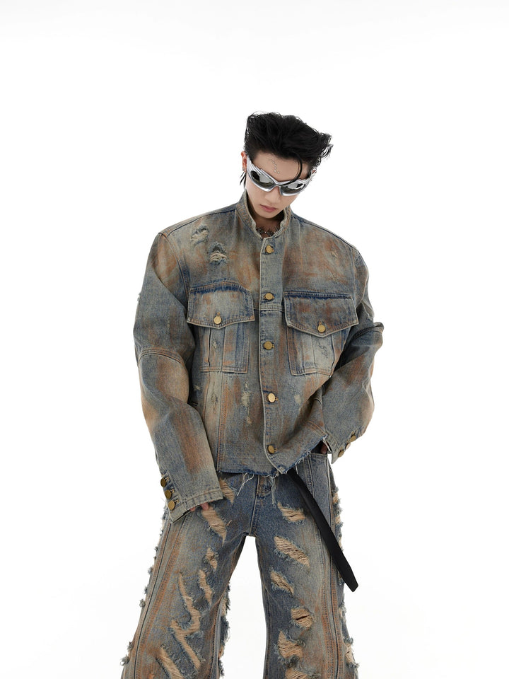 Vintage Post - Apocalyptic Distressed Denim Suit | Heavy - Duty Aged Jacket with Flared Jeans - ArguE CulturE