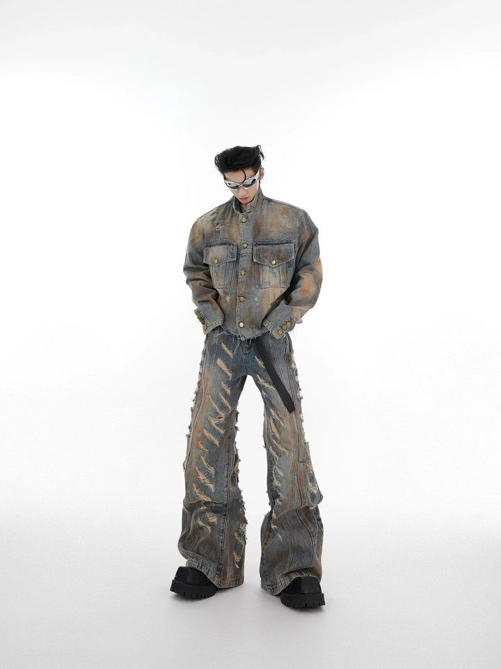 Vintage Post - Apocalyptic Distressed Denim Suit | Heavy - Duty Aged Jacket with Flared Jeans - ArguE CulturE