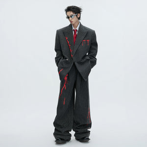 Front view of a gray deconstructed vintage striped wool blazer
