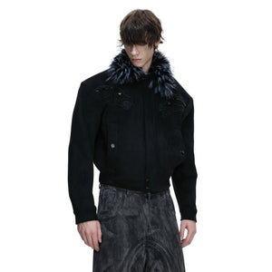 Close up of 3D horse embroidery on black suede streetwear jacket