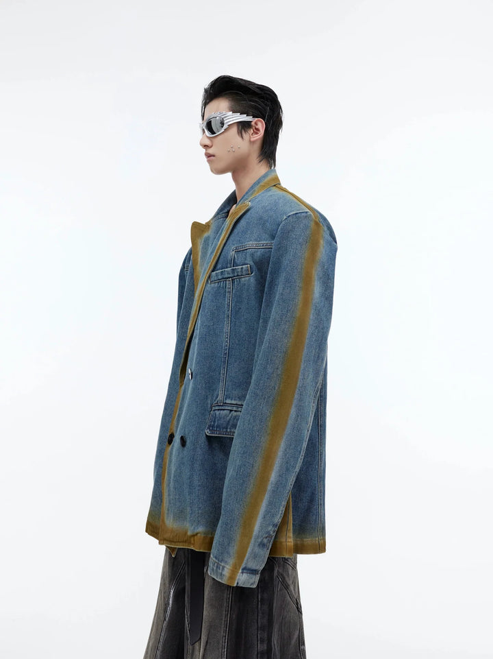 Vintage Wash Gradient Line Denim Blazer | Spray Paint Design Jacket - ArguE CulturE