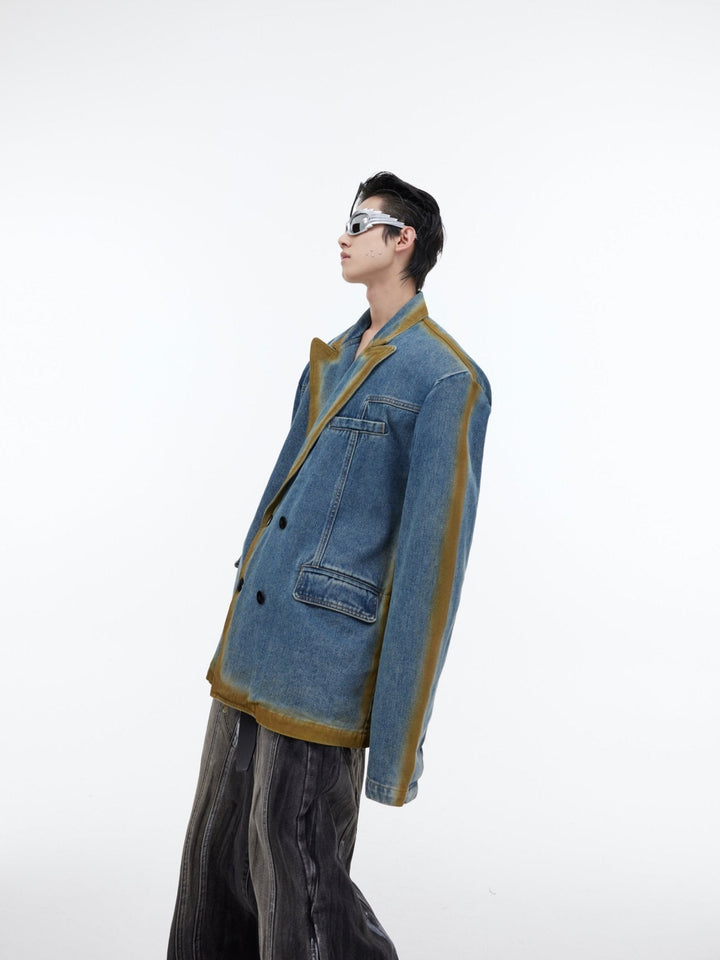 Vintage Wash Gradient Line Denim Blazer | Spray Paint Design Jacket - ArguE CulturE