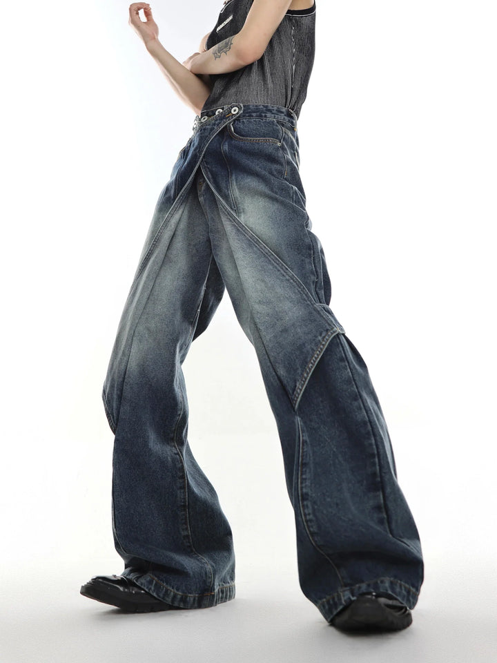 Vintage Wash Wide - Leg Jeans with Deconstructed Double - Layer Design - ArguE CulturE