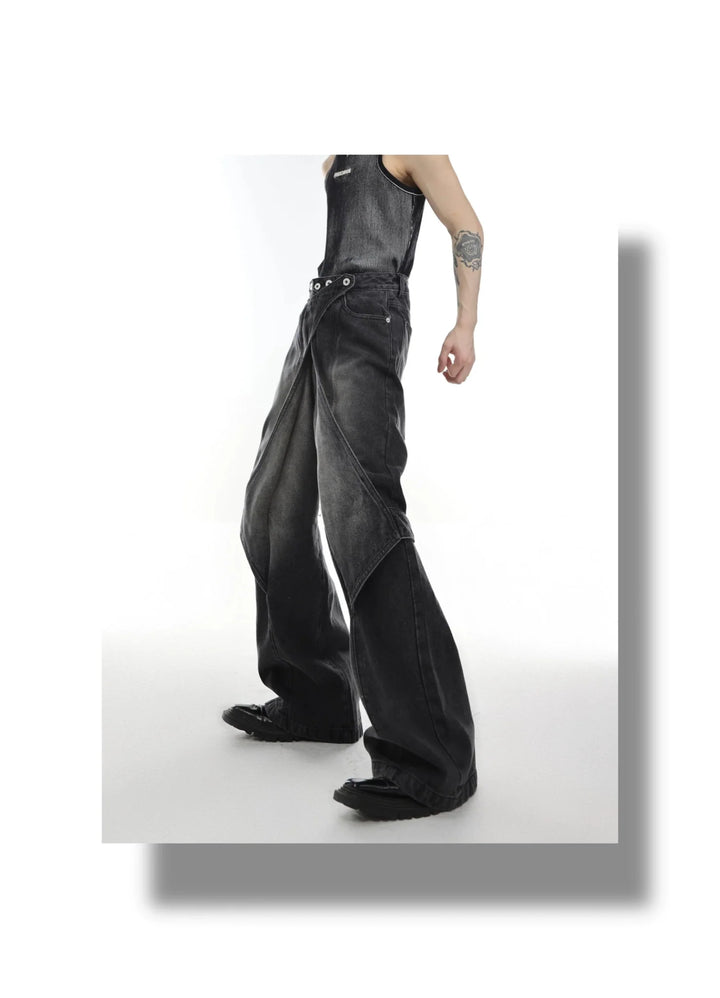 Vintage Wash Wide - Leg Jeans with Deconstructed Double - Layer Design - ArguE CulturE