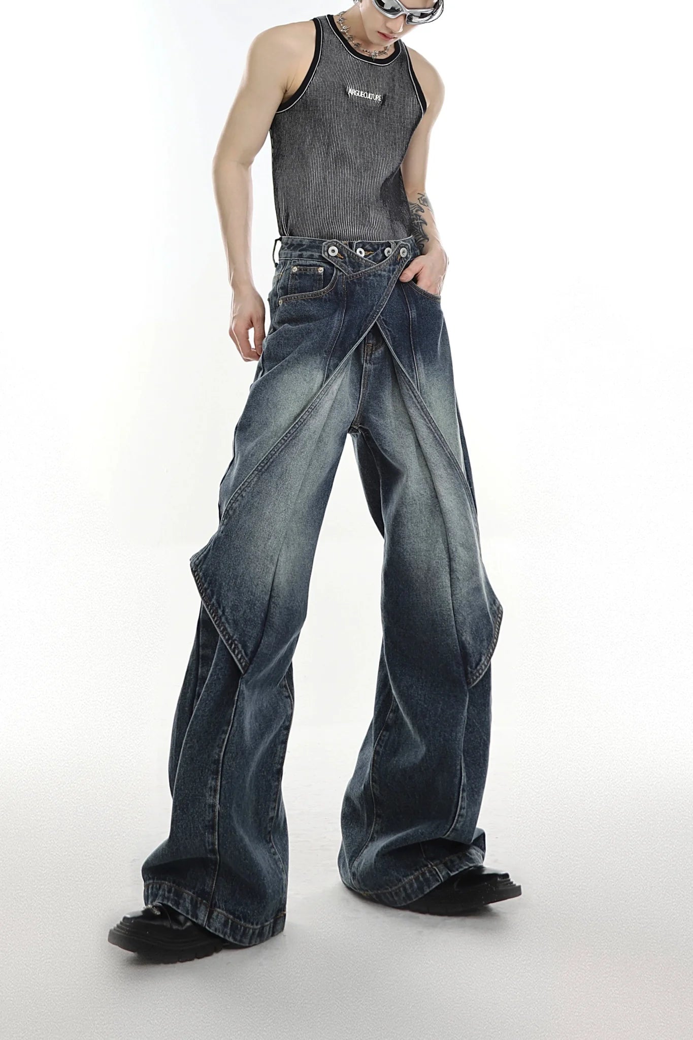 Vintage Wash Wide - Leg Jeans with Deconstructed Double - Layer Design - ArguE CulturE